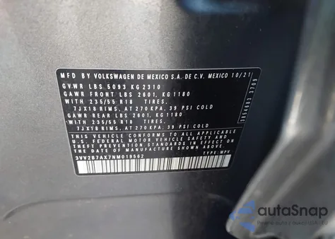 2022 Volkswagen Tiguan 2.0T Se z USA, uszkodzony, nr VIN 3VV2B7AX7NM019562